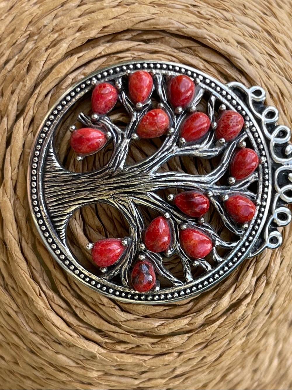 Sterling silver Tree of Life Pendant with red coral